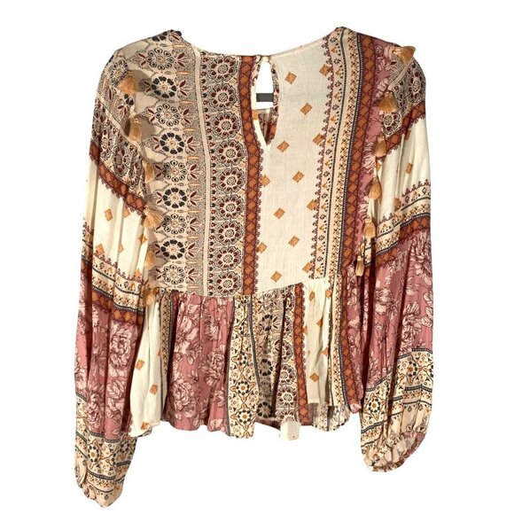 American Eagle Womens Boho Floral Patchwork Long Sleeve Peplum Blouse XS Tassel - Picture 3 of 11